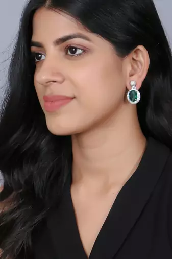 Women rhodium-plated emerald stone studded drop earrings
