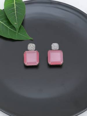 Women silver-plated pink stone-studded drop earrings 1