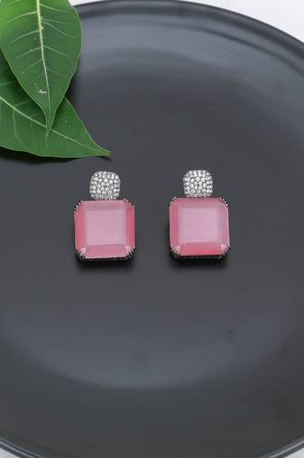 Women silver-plated pink stone-studded drop earrings