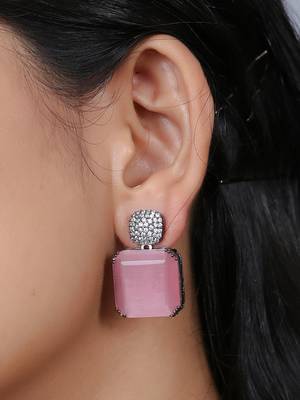 Women silver-plated pink stone-studded drop earrings 2