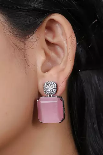 Women silver-plated pink stone-studded drop earrings