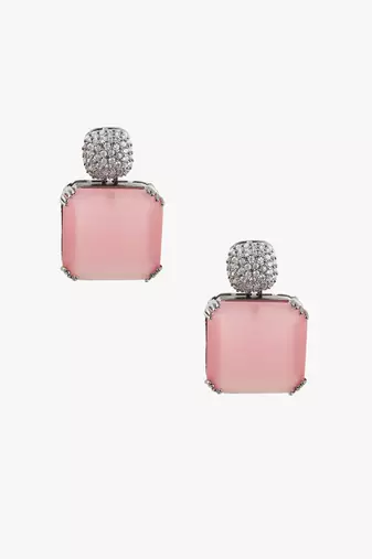 Women silver-plated pink stone-studded drop earrings