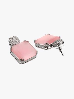 Women silver-plated pink stone-studded drop earrings 4