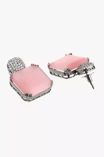 Women silver-plated pink stone-studded drop earrings