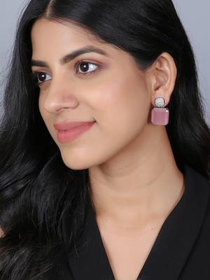 Women silver-plated pink stone-studded drop earrings 5