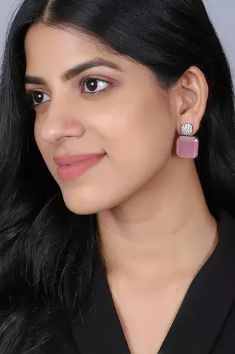 Women silver-plated pink stone-studded drop earrings