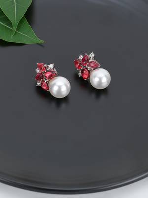 Women silver-plated pearl and rubby drop earrings 1