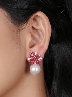 Women silver-plated pearl and rubby drop earrings 2