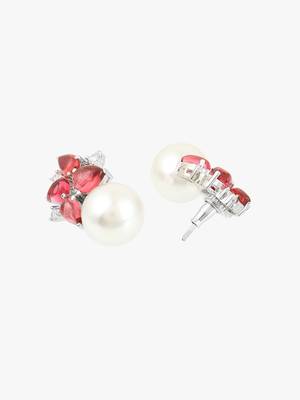 Women silver-plated pearl and rubby drop earrings 4