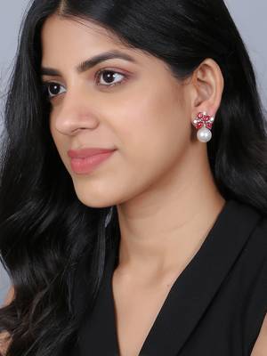 Women silver-plated pearl and rubby drop earrings 5