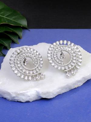 Women rhodium plated cz stone studded round earrings 1