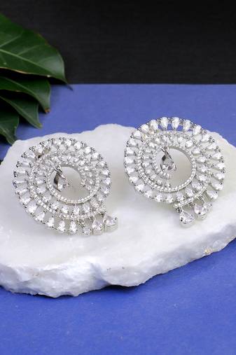 Women rhodium plated cz stone studded round earrings