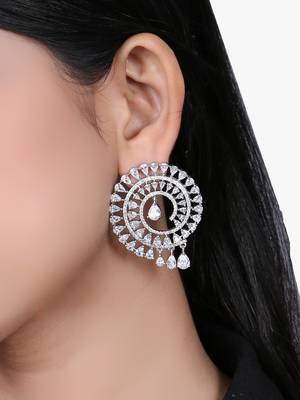Women rhodium plated cz stone studded round earrings 2