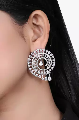 Women rhodium plated cz stone studded round earrings