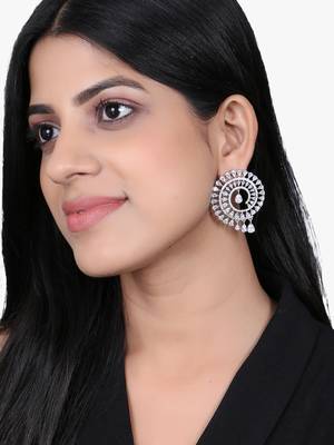 Women rhodium plated cz stone studded round earrings 5