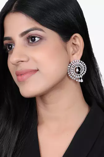 Women rhodium plated cz stone studded round earrings