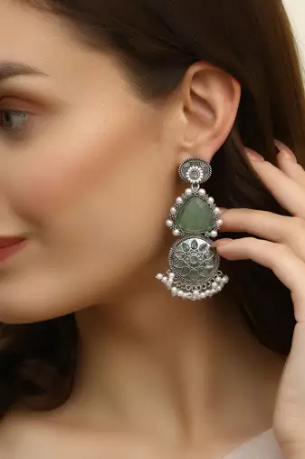 Women beautiful traditional green oxidized silver earrings