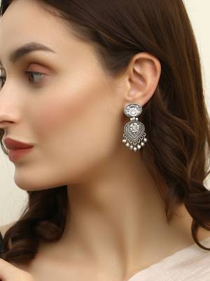 Women oxidised silver plated pearl drop earrings 2