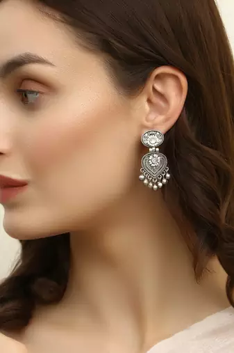 Women oxidised silver plated pearl drop earrings