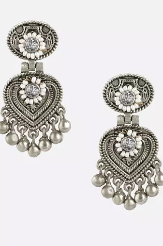 Women oxidised silver plated pearl drop earrings