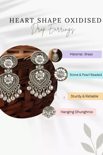 Women oxidised silver plated pearl drop earrings
