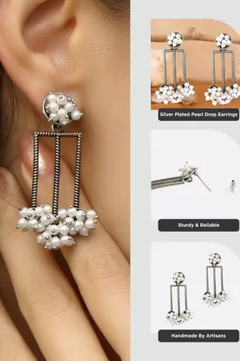 Women silver plated pearl drop earrings