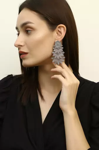 Women traditional indian matte silver oxidised studded drop leaf earring