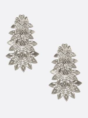 Women traditional indian matte silver oxidised studded drop leaf earring 3