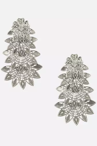 Women traditional indian matte silver oxidised studded drop leaf earring