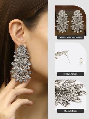Women traditional indian matte silver oxidised studded drop leaf earring 5