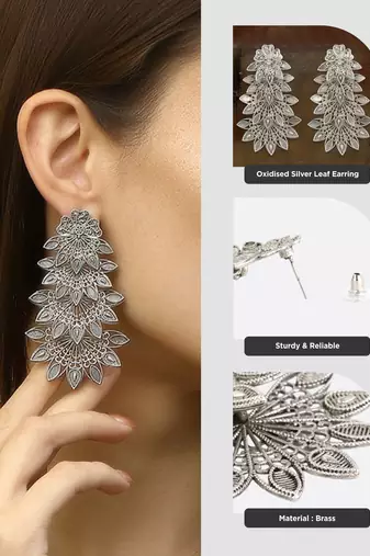 Women traditional indian matte silver oxidised studded drop leaf earring