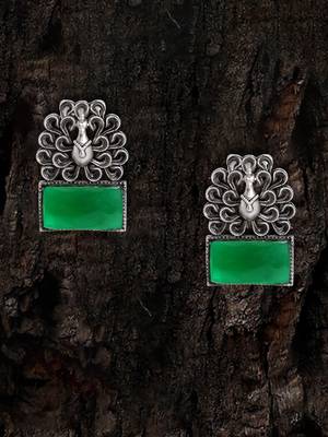 Women silver plated peacock design stone studded earrings 1