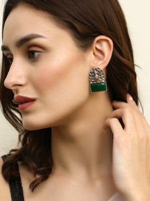 Women silver plated peacock design stone studded earrings 2