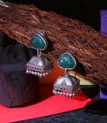 Oxidised green stone- studded pearl-tessel dome shaped jhumki