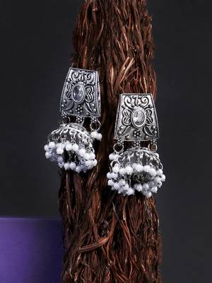 Oxidised silver-plated pearl-tessel dome shaped jhumki 1