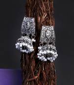 Oxidised silver-plated pearl-tessel dome shaped jhumki