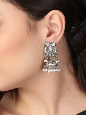 Oxidised silver-plated pearl-tessel dome shaped jhumki 2