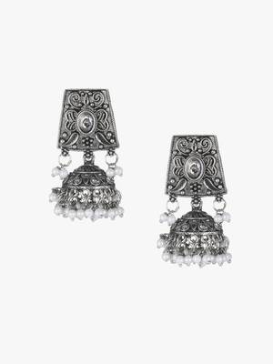 Oxidised silver-plated pearl-tessel dome shaped jhumki 4