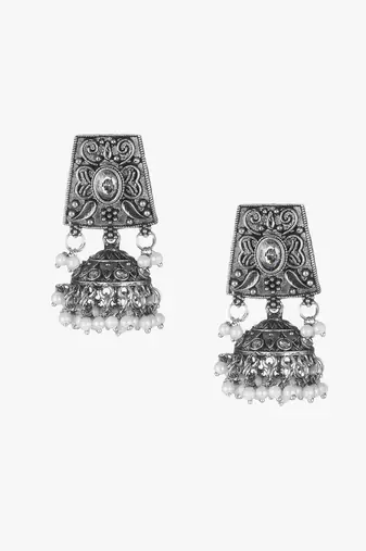 Oxidised silver-plated pearl-tessel dome shaped jhumki