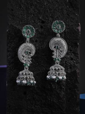 Oxidised green stone-studded pearl-tessel drop earrings 1