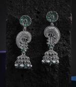 Oxidised green stone-studded pearl-tessel drop earrings