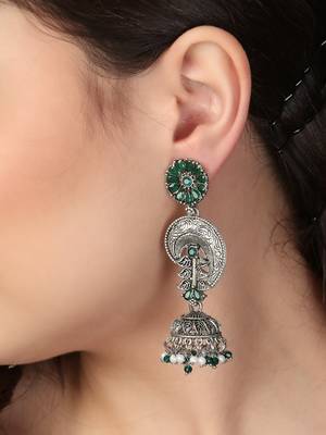 Oxidised green stone-studded pearl-tessel drop earrings 2