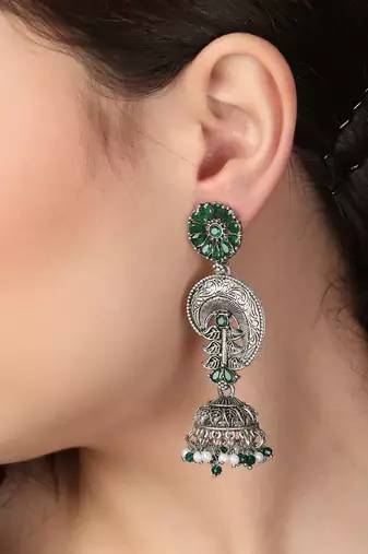 Oxidised green stone-studded pearl-tessel drop earrings