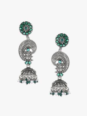 Oxidised green stone-studded pearl-tessel drop earrings 3