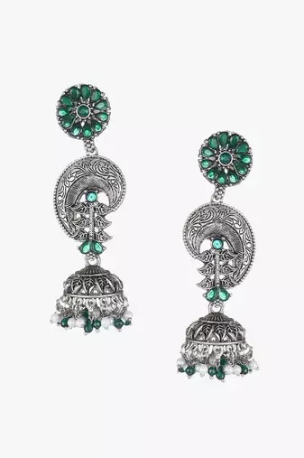 Oxidised green stone-studded pearl-tessel drop earrings
