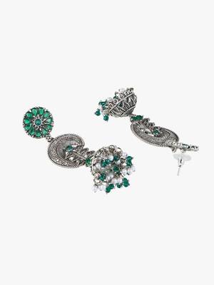 Oxidised green stone-studded pearl-tessel drop earrings 4