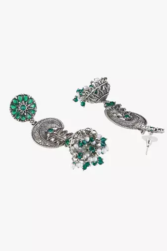 Oxidised green stone-studded pearl-tessel drop earrings