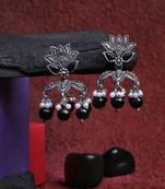 Oxidised stone-studded pearl-tessel jhumki