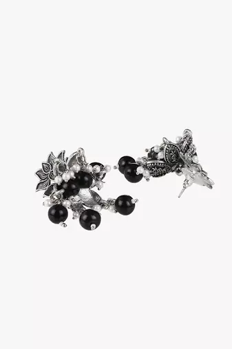 Oxidised stone-studded pearl-tessel jhumki