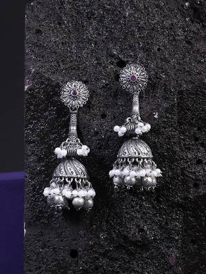Oxidised silver-plated pearl-tessel dome shaped jhumki 1